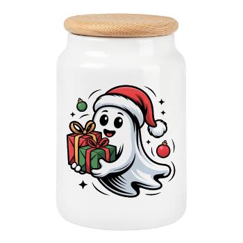 Fantôme de Noël avec des cadeaux Dessin animé - Boîte à biscuits avec couvercle en bois - blanc - Devant