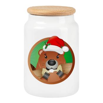 Niedlicher Weihnachtsbiber mit Santa-Mütze - Keksdose mit Holzdeckel - Weiß - Vorne