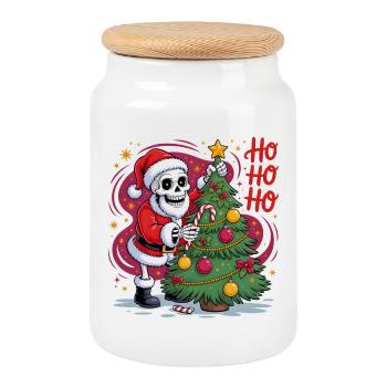 Skeleton Santa decorates tree - Cookie Jar with Wooden Lid - white - Front