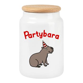 Partybara – the cheerful capybara with a party hat - Cookie Jar with Wooden Lid - white - Front