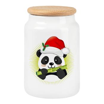 Cute panda with Santa hat and bamboo - Cookie Jar with Wooden Lid - white - Front