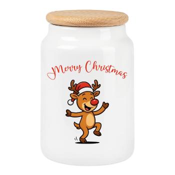 Cerf au chapeau de Père Noël - Boîte à biscuits avec couvercle en bois - blanc - Devant