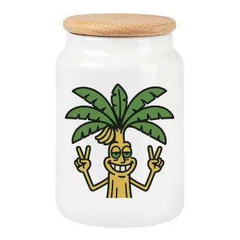 Funny Musa banana palm tree cartoon peace summer - Cookie Jar with Wooden Lid - white - Front