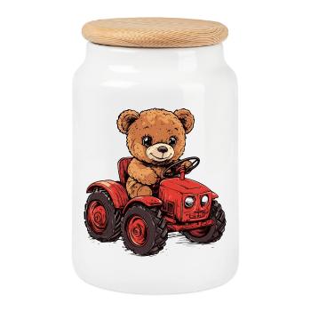 Ours en peluche sur tracteur rouge - Boîte à biscuits avec couvercle en bois - blanc - Devant
