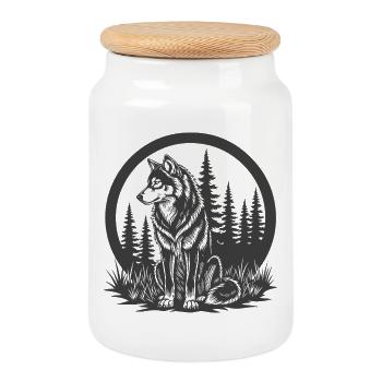 Forest wolf silhouette in a circle - Cookie Jar with Wooden Lid - white - Front