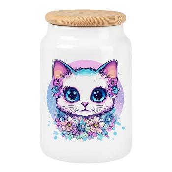 Chaton pastel avec couronne florale - Boîte à biscuits avec couvercle en bois - blanc - Devant