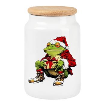 Santa Claus Frog - Cookie Jar with Wooden Lid - white - Front