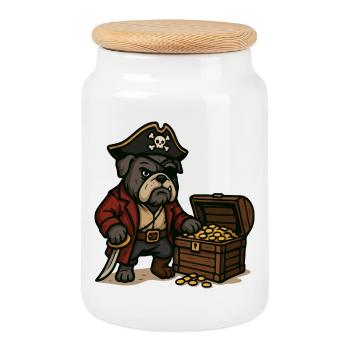 Piraten Bulldogge Maskottchen Schatzjäger Design - Keksdose mit Holzdeckel - Weiß - Vorne