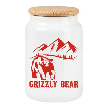 Hiking with a bear (red) - Cookie Jar with Wooden Lid - white - Front