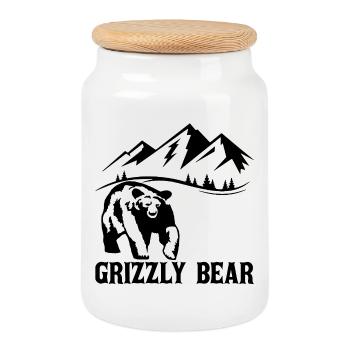 Hiking with a (black) bear - Cookie Jar with Wooden Lid - white - Front