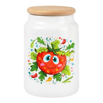 Fröhliche Tomate im Grünen Muster - Keksdose mit Holzdeckel - Weiß - Vorne