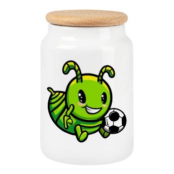 Chenille avec ballon de football - Boîte à biscuits avec couvercle en bois - blanc - Devant
