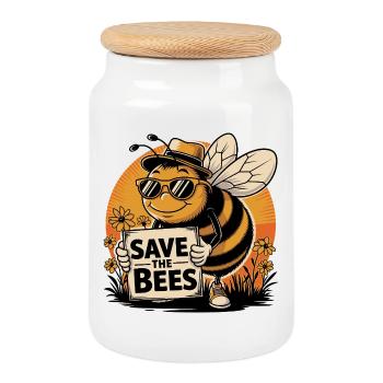 Save The Bees Funny Cartoon Style Bee - Cookie Jar with Wooden Lid - white - Front