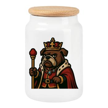 Roi bouledogue avec couronne sceptre Royal dessin animé Art - Boîte à biscuits avec couvercle en bois - blanc - Devant