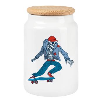 Skeleton on skateboard - Cookie Jar with Wooden Lid - white - Front