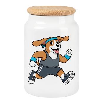 Sporty Beagle Dog Marathon Jogging Cartoon - Cookie Jar with Wooden Lid - white - Front
