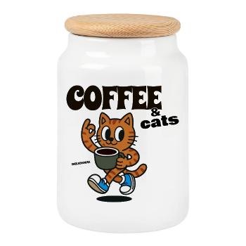 Cat Coffee Lover COFFEE & CATS - Cookie Jar with Wooden Lid - white - Front