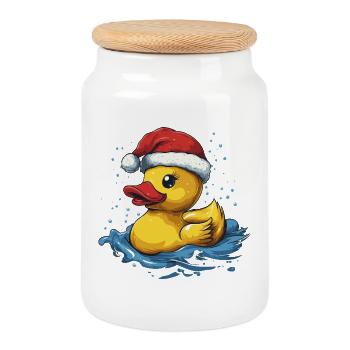 Mignon canard de Noël avec le Père Noël Chapeau - Boîte à biscuits avec couvercle en bois - blanc - Devant