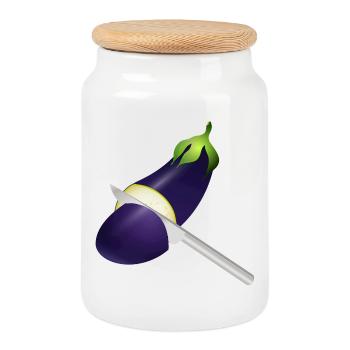 Aubergine lumineuse avec couteau de cuisine - Boîte à biscuits avec couvercle en bois - blanc - Devant