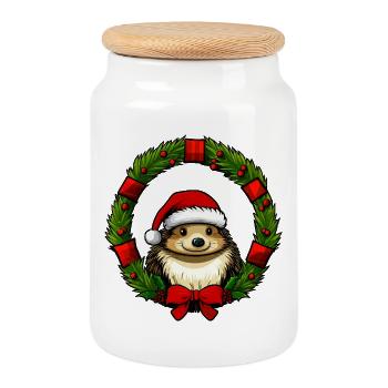 Hérisson de Noël - Boîte à biscuits avec couvercle en bois - blanc - Devant