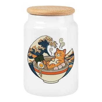 Ramen Katze - Keksdose mit Holzdeckel - Weiß - Vorne