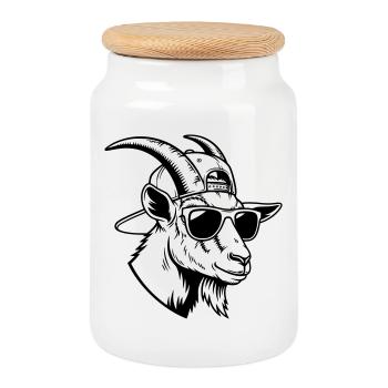Cool goat with sunglasses and cap - Cookie Jar with Wooden Lid - white - Front