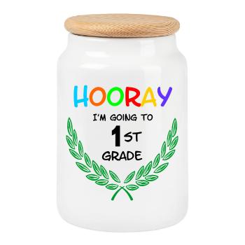 Hurra, ich gehe in die erste Klasse** - Keksdose mit Holzdeckel - Weiß - Vorne