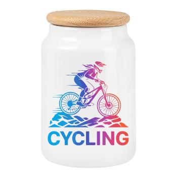 Gradient Cyclist on Rugged Trail - Cookie Jar with Wooden Lid - white - Front