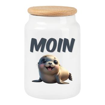 Süßer Seehund mit MOIN Schrift - Keksdose mit Holzdeckel - Weiß - Vorne