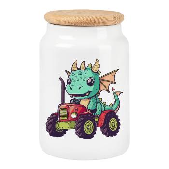 Drache Traktor Farmer - Keksdose mit Holzdeckel - Weiß - Vorne