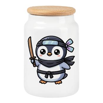 Ninja Penguin with Sword - Cookie Jar with Wooden Lid - white - Front