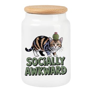 Cactus chat socialement maladroit - Boîte à biscuits avec couvercle en bois - blanc - Devant