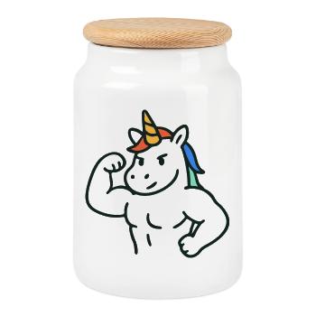 Strong Flexing Unicorn with Colorful Mane Art - Cookie Jar with Wooden Lid - white - Front