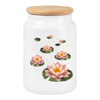 Several polygonal water lilies on green leaves - Cookie Jar with Wooden Lid - white - Front