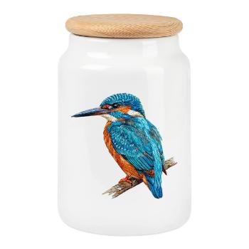 Bestickter Eisvogel stilvoll naturbedruckt (bedruckt) - Keksdose mit Holzdeckel - Weiß - Vorne
