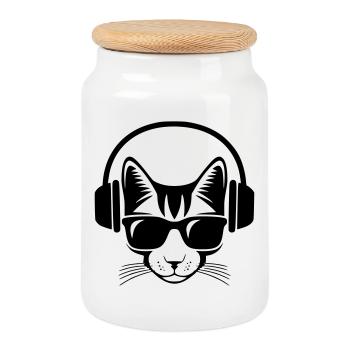 chat casque de musique et lunette de soleil - Boîte à biscuits avec couvercle en bois - blanc - Devant