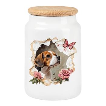Beagle avec papillon - Boîte à biscuits avec couvercle en bois - blanc - Devant