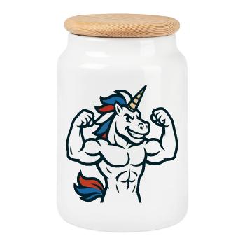 Muscle Unicorn Gym Maskottchen Power Flex Design - Keksdose mit Holzdeckel - Weiß - Vorne