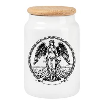 Illustration eines geflügelten Engels mit Schädel - Keksdose mit Holzdeckel - Weiß - Vorne