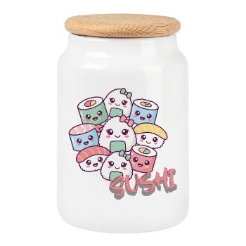 Kawaii Sushi Parade - Boîte à biscuits avec couvercle en bois - blanc - Devant