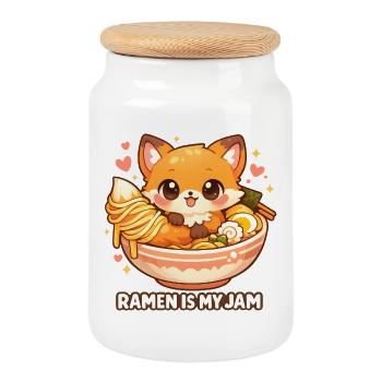 Ramen Fox Kawaii Noodle Soup - Cookie Jar with Wooden Lid - white - Front