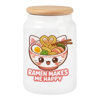 Kawaii Cats Ramen Noodles Japan Retro Ukiyo-E - Cookie Jar with Wooden Lid - white - Front