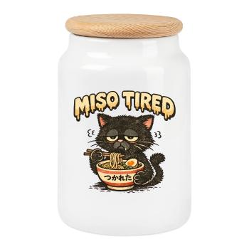 Miso Tired – Tired Cat Eats Ramen - Cookie Jar with Wooden Lid - white - Front
