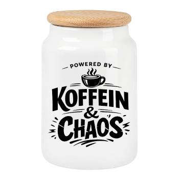 Powered by Koffein & Chaos – Kaffee Spruch Shirt - Keksdose mit Holzdeckel - Weiß - Vorne