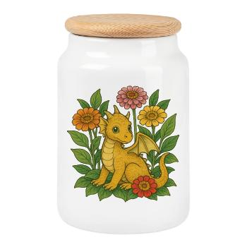 Golden Dragon in Bloom - Cookie Jar with Wooden Lid - white - Front