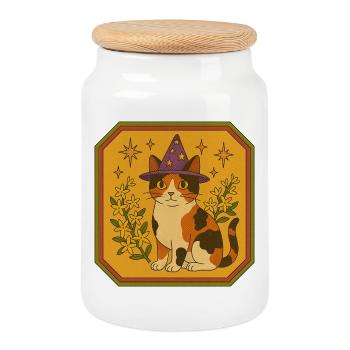 Calico Witch Cat with Starry Hat - Cookie Jar with Wooden Lid - white - Front