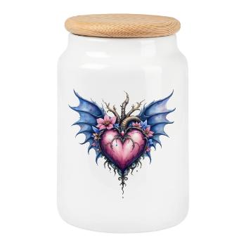 Gothic Floral Winged Heart - Cookie Jar with Wooden Lid - white - Front
