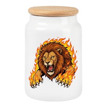 Lion in Flames - Cookie Jar with Wooden Lid - white - Front
