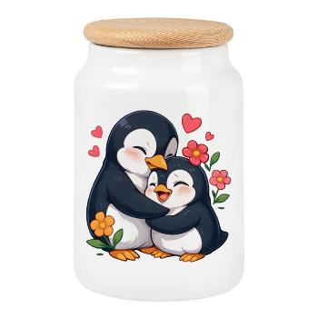 Duo Cœur de Pingouin Câlin - Boîte à biscuits avec couvercle en bois - blanc - Devant