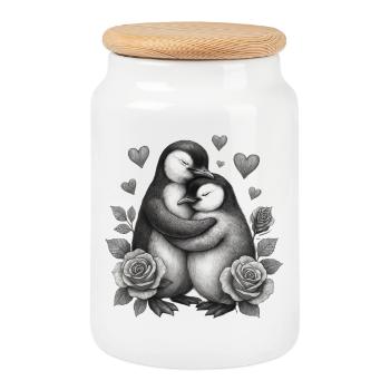 Hugging penguins with roses - Cookie Jar with Wooden Lid - white - Front